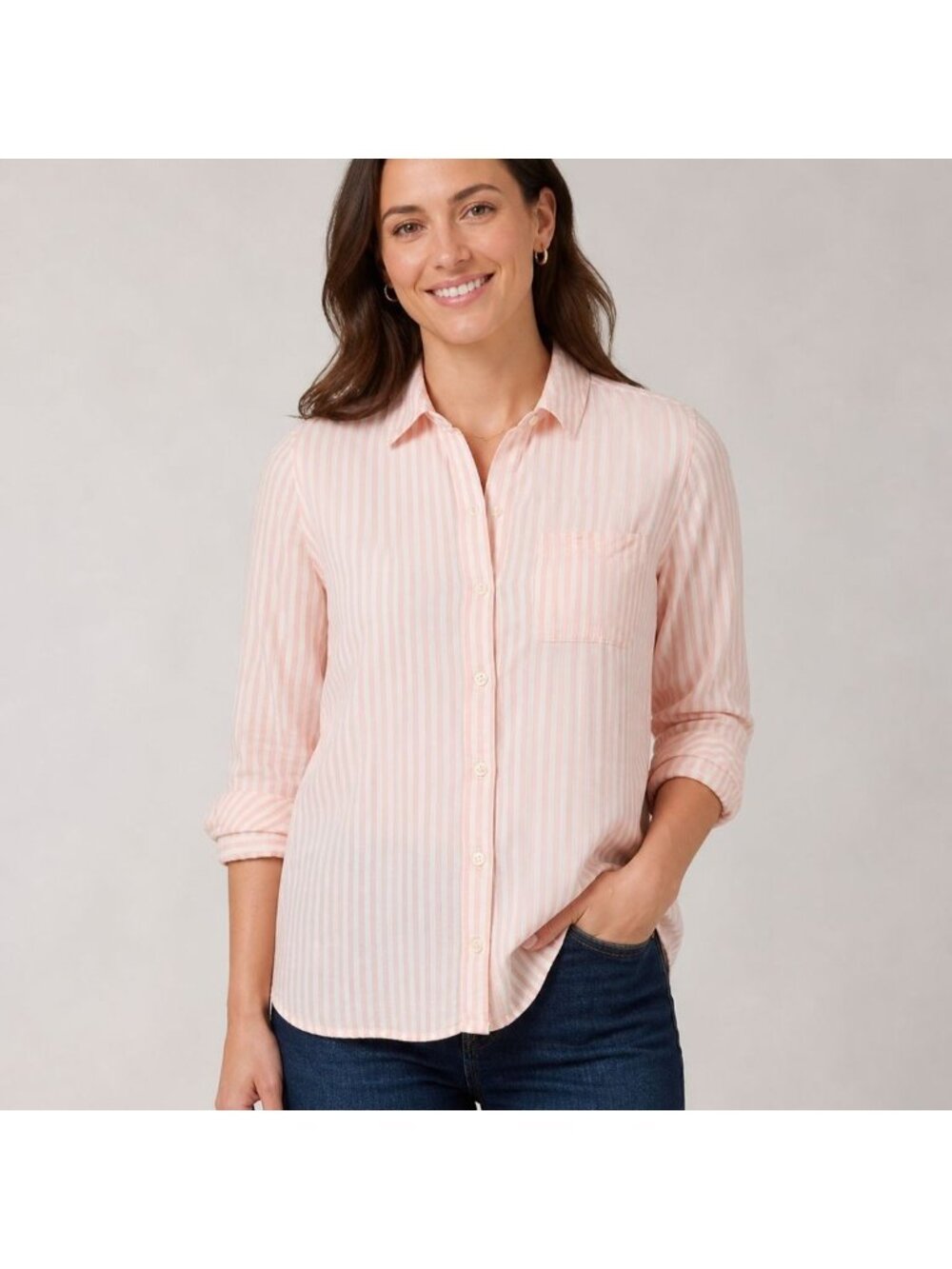 J Jill Womens Top Pink Stripe Button Up Collared Blouse Long Sleeve Rayon Size M